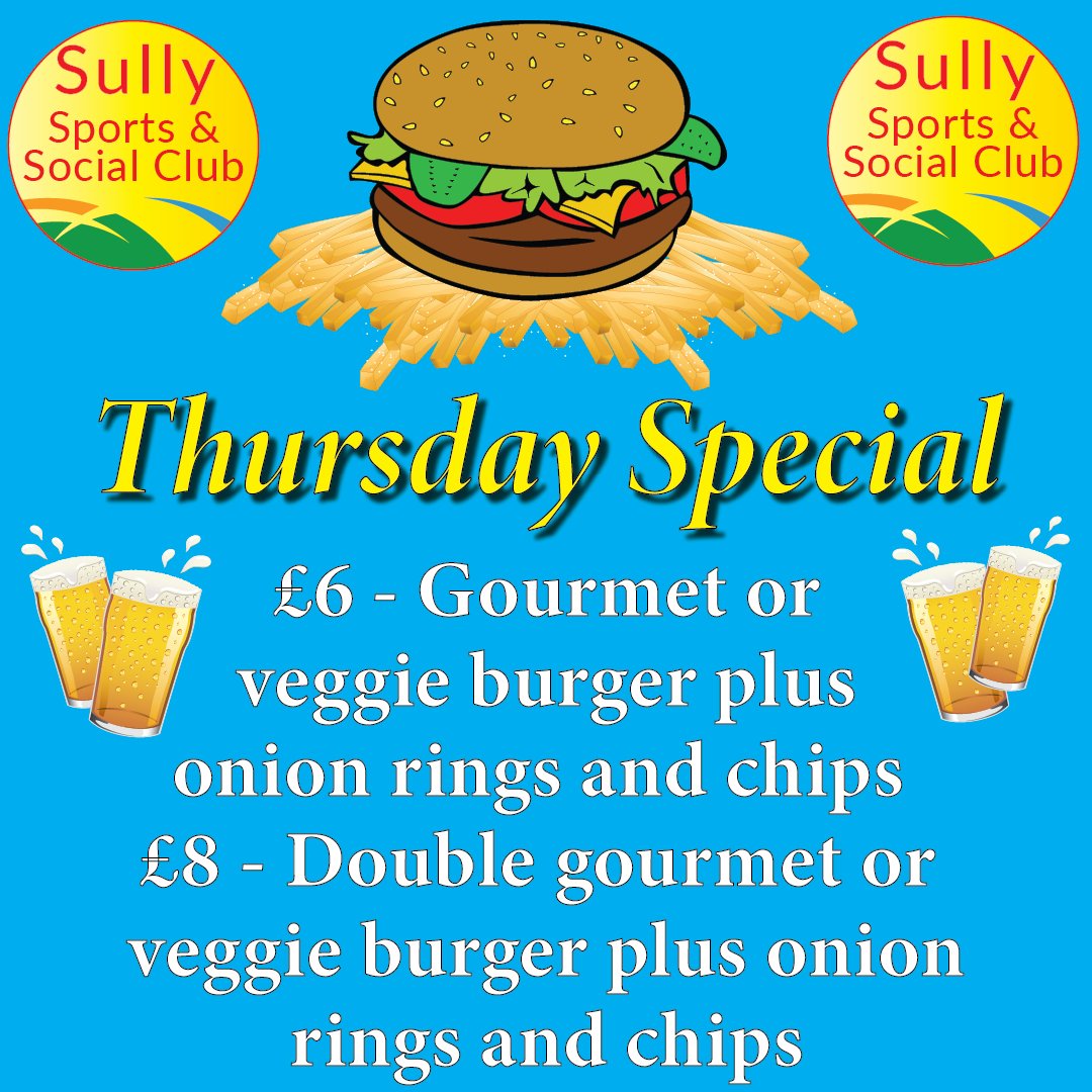 SullyClub's tweet image. THURSDAY SPECIAL OFFER (30th December).

£6 - Gourmet or veggie burger plus onion rings and chips 
£8 - Double gourmet or veggie burger plus onion rings and chips

Come along to Sully Sports and Social Club tonight between 4 pm and 10 pm and enjoy burgers plus trimmings.