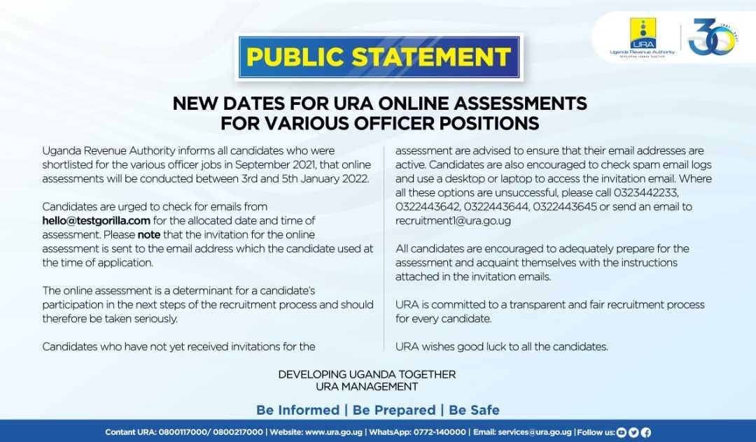 #URAJobAlert - New Dates for URA Online Assessments.

To all candidates who were shortlisted for various officer jobs in September 2021, kindly be informed that online assessments will be conducted between 𝟑𝐫𝐝-𝟓𝐭𝐡/𝐉𝐚𝐧𝐮𝐚𝐫𝐲/𝟐𝟎𝟐𝟐.

Nothing beats adequate preparation