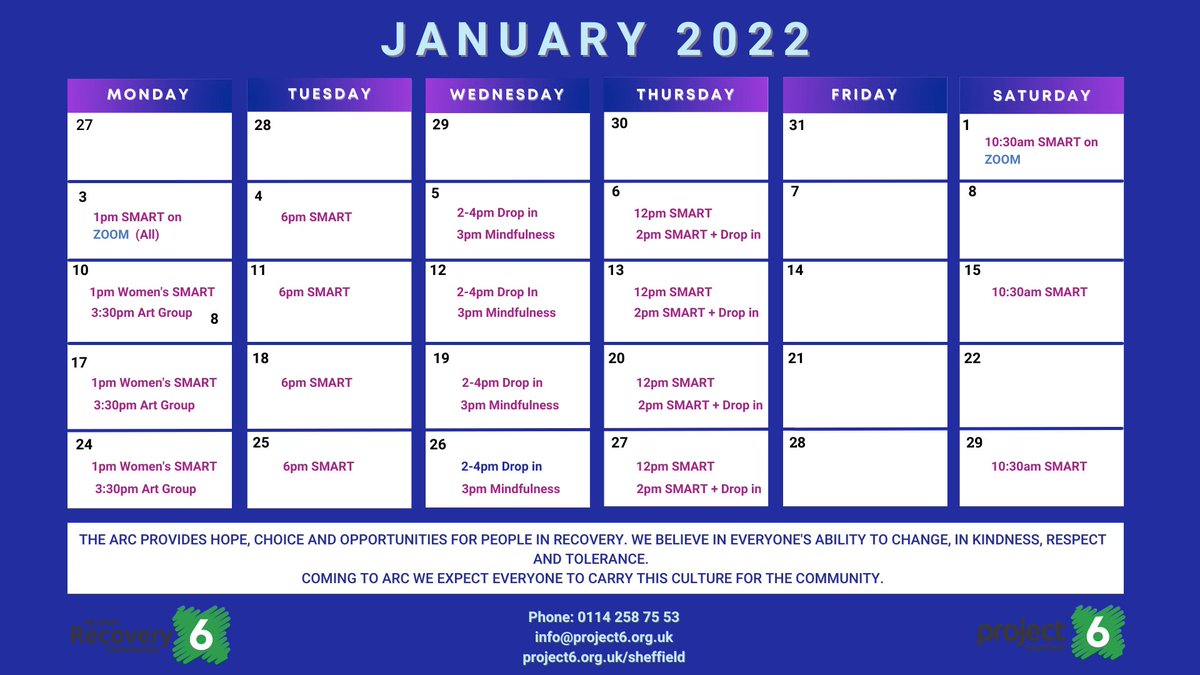 ARCRecoveryShef's tweet image. Timetable activities @Project6_ #Sheffield for January 2022.
Upcoming ZOOM support groups:
Saturday, 1st Jan - 10.30 am SMART meeting
Monday, 3rd Jan - 1 pm SMART meeting
@UKSMARTofficial  #Recovery