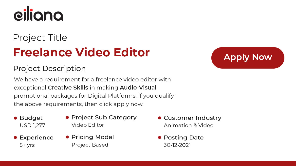 eiliana_world's tweet photo. Lucrative opportunity for freelance video editors with exceptional creative skills in making audio-visual promotional packages. Potential #freelance #videoeditors are already bidding, you can place your bid by signing up with #Eiliana.
Signup with https://t.co/OXQRnVpATH https://t.co/By4cdTA9bG