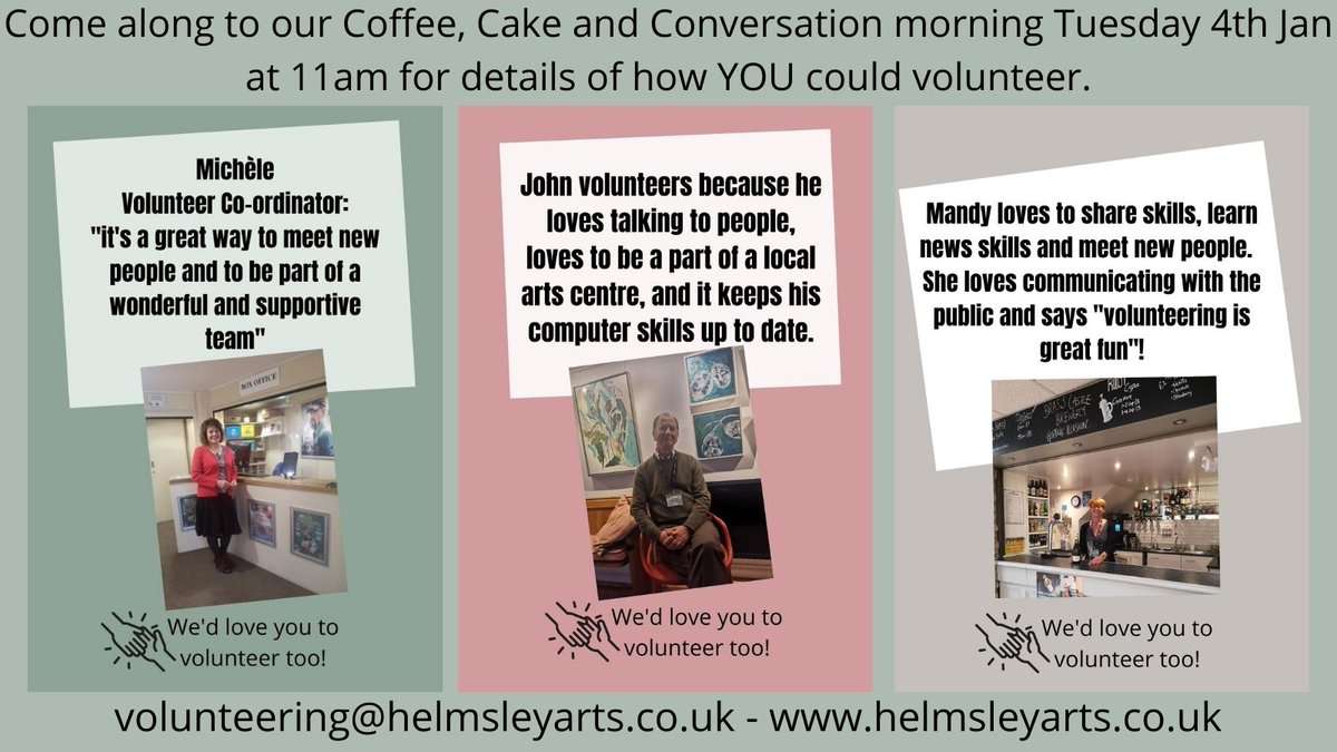 helmsleyarts's tweet photo. Could you volunteer at HAC? As a registered charity, we need volunteers. We welcome people from any background; you can love the arts; love meeting new people and learning new skills - anything goes! New Year...New You!
#volunteer #dosomethingforyou https://t.co/F3M8O1ZMm3