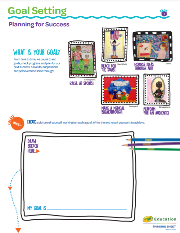 CrayolaLearning's tweet photo. It’s important to set goals, check progress, and plan for our next success. As we do, our passions and perseverance shine through!
Sketch what a goal looks like, then create a plan to achieve it using this #activity sheet for #ResolutionPlanningDay: https://t.co/r1xP1WzhZA https://t.co/QnLAi6cVdl