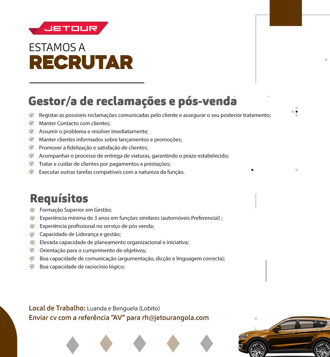 JetourAngola's tweet photo. Você quer trabalhar connosco?

Aproveite a oportunidade de fazer parte da nossa equipa. 

Envie a sua candidatura que mais se adequa ao seu perfil, para o email: rh@hjeoturangola.com 

#emprego #vagas #trabalho #jetour https://t.co/CJ54aTMQ8b