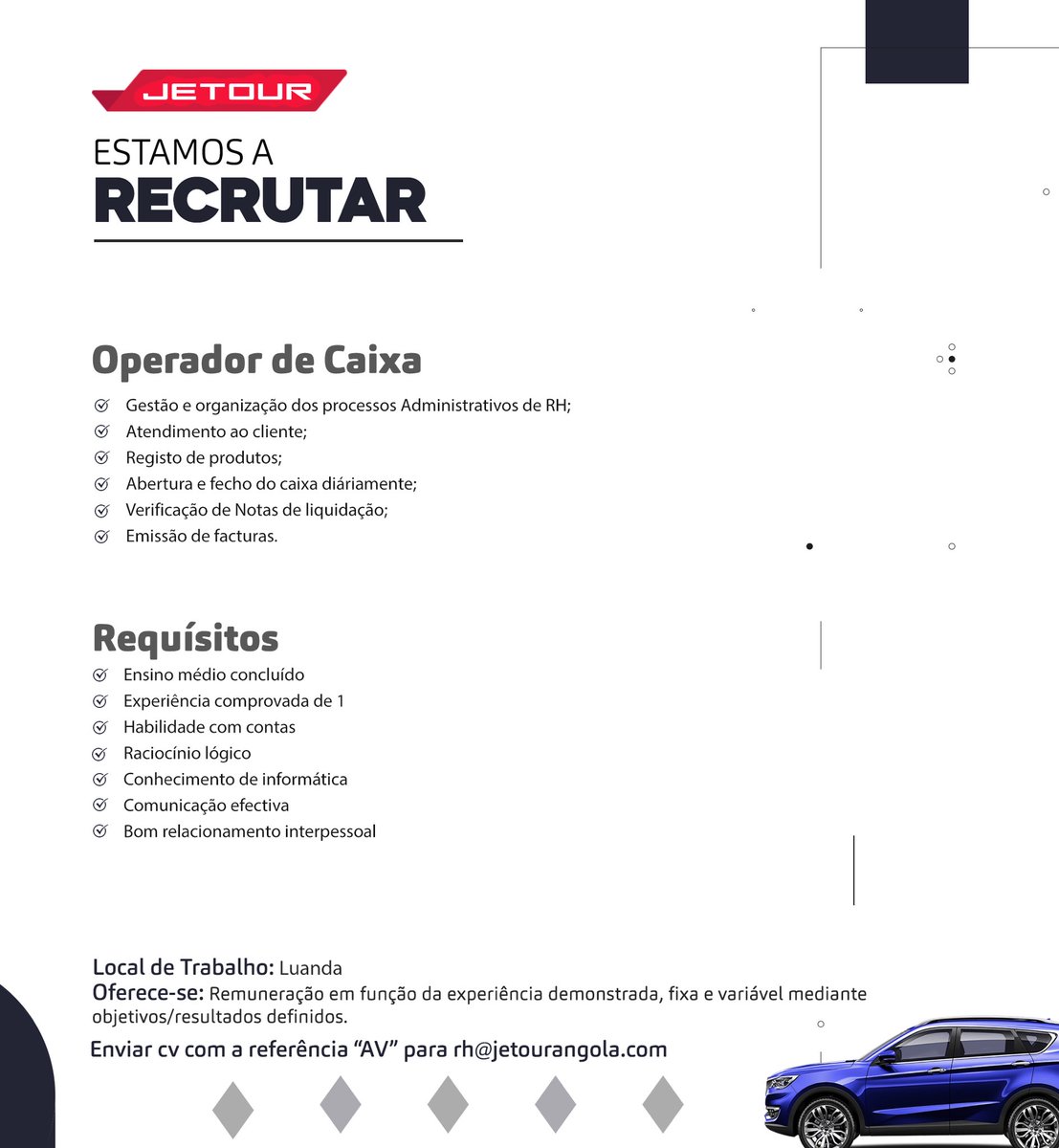 JetourAngola's tweet photo. Você quer trabalhar connosco?

Aproveite a oportunidade de fazer parte da nossa equipa. 

Envie a sua candidatura que mais se adequa ao seu perfil, para o email: rh@hjeoturangola.com 

#emprego #vagas #trabalho #jetour https://t.co/CJ54aTMQ8b