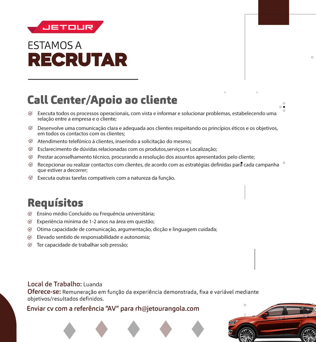 JetourAngola's tweet photo. Você quer trabalhar connosco?

Aproveite a oportunidade de fazer parte da nossa equipa. 

Envie a sua candidatura que mais se adequa ao seu perfil, para o email: rh@hjeoturangola.com 

#emprego #vagas #trabalho #jetour https://t.co/CJ54aTMQ8b