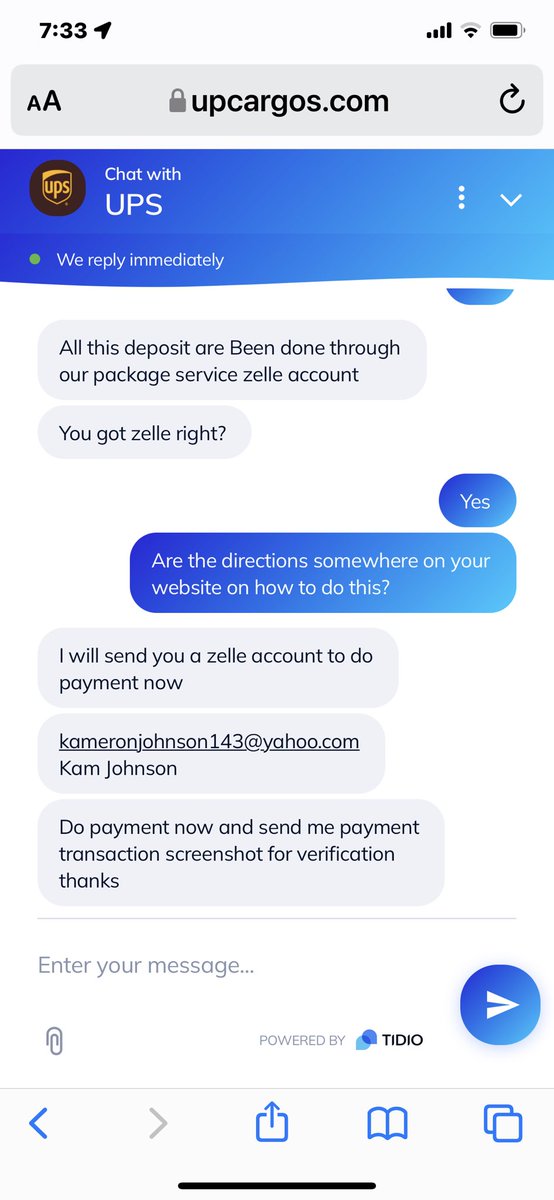 PSeate's tweet photo. @UPS your chatbot has been hacked and asked me to Zelle money to a personal email when logged into my choice. Might get a fraud phone number. https://t.co/N5KbH3YtLZ