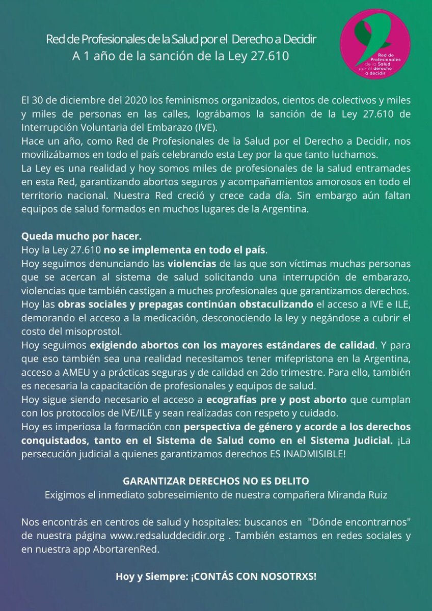 RedSaludDecidir's tweet photo. 🔥A un año de la conquista de la Ley de IVE💚27.610💚celebramos juntxs🙌y seguimos trabajando por el pleno acceso a abortos cuidados y de calidad
#30DAbortoLegalEsVida💚 https://t.co/4Y5RmJptxm