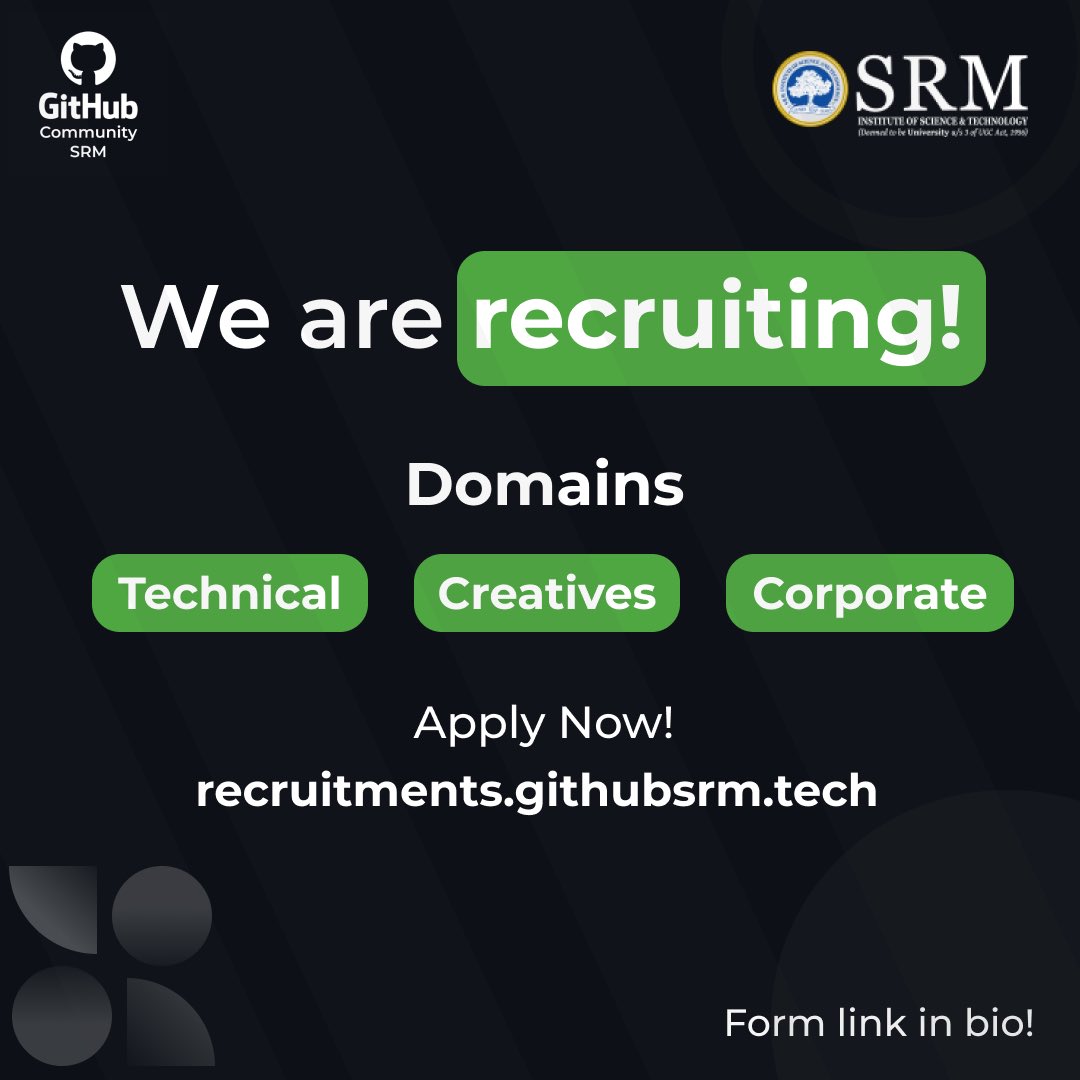 GithubSrm's tweet photo. ๐ฅ๐ DRUMROLLS ๐๐ฅ
GitHub Community SRM is all set to expand its team. ๐ช
Recruitmentsโ22 is finally here, and we are ready to extend a hearty welcome.
๐ Apply now at : https://t.co/FMlWsbZEf5
๐ Link: In bio
๐ Deadline: 09.01.2022
#githubsrm #recruitments https://t.co/eVTftZe0YU