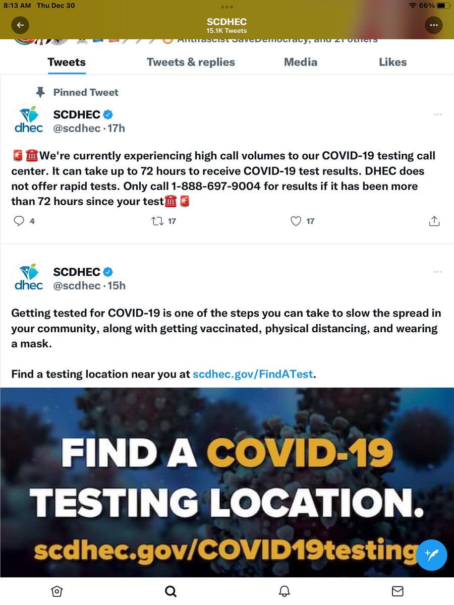 This is confusing. First post recommend getting tested for COVID, and the second post is not really that encouraging. The second post said they’re busy and it’s going to take 72 hours to even get the results, since they aren’t offering rapid testing. #SCDHEC