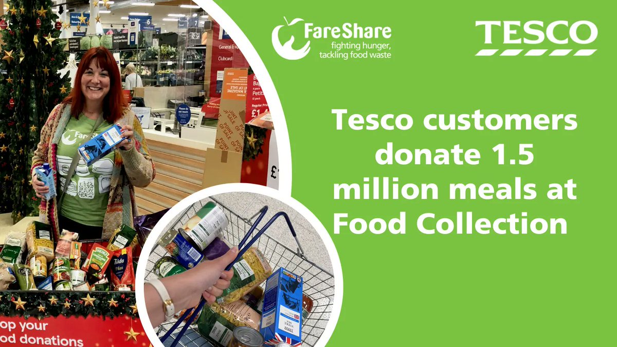 FareShareUK's tweet photo. Thank you to every single generous @Tesco customer that donated at the winter food collection! Together, you provided the equivalent of 1.5 million meals for people in need 🛒👏

Read more 👉 https://t.co/yNDw4Mua6x https://t.co/Q2etuJkQlf