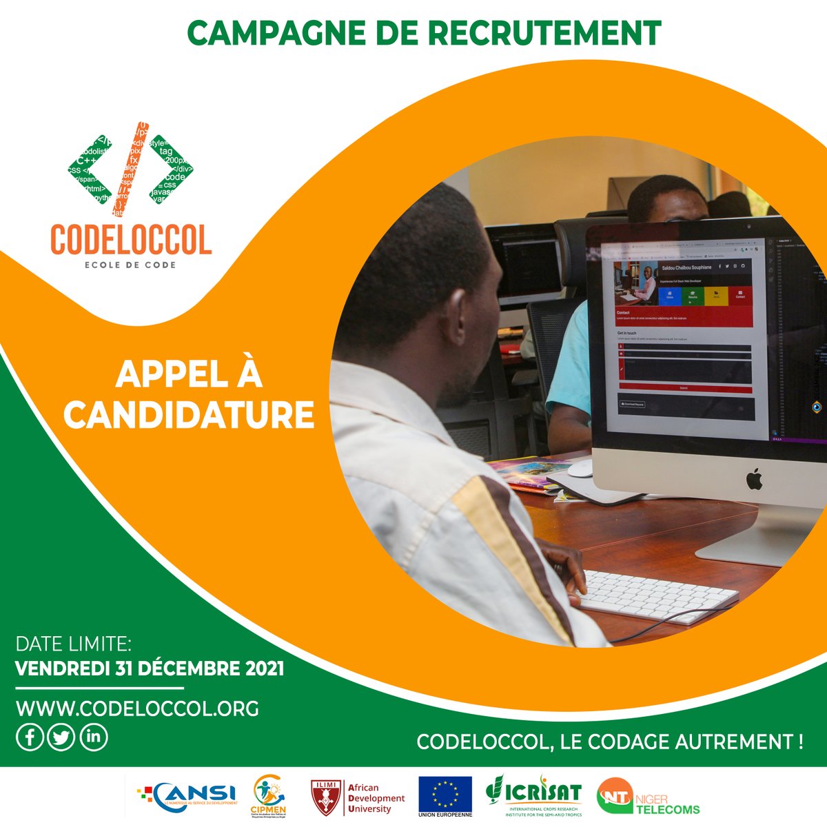 CodeLoccol's tweet photo. #Code4Change #Code4Development
LE CODAGE AUTREMENT !
Apportez votre pierre à l'édifice pour notre développement avec des solutions innovantes par le codage 👩🏻💻👨🏻💻. Candidatez à CODELOCCOL et parcourons ensemble ce chemin du développement 🙂
👉 https://t.co/7n3fPw6a5H https://t.co/GY71qevhCl