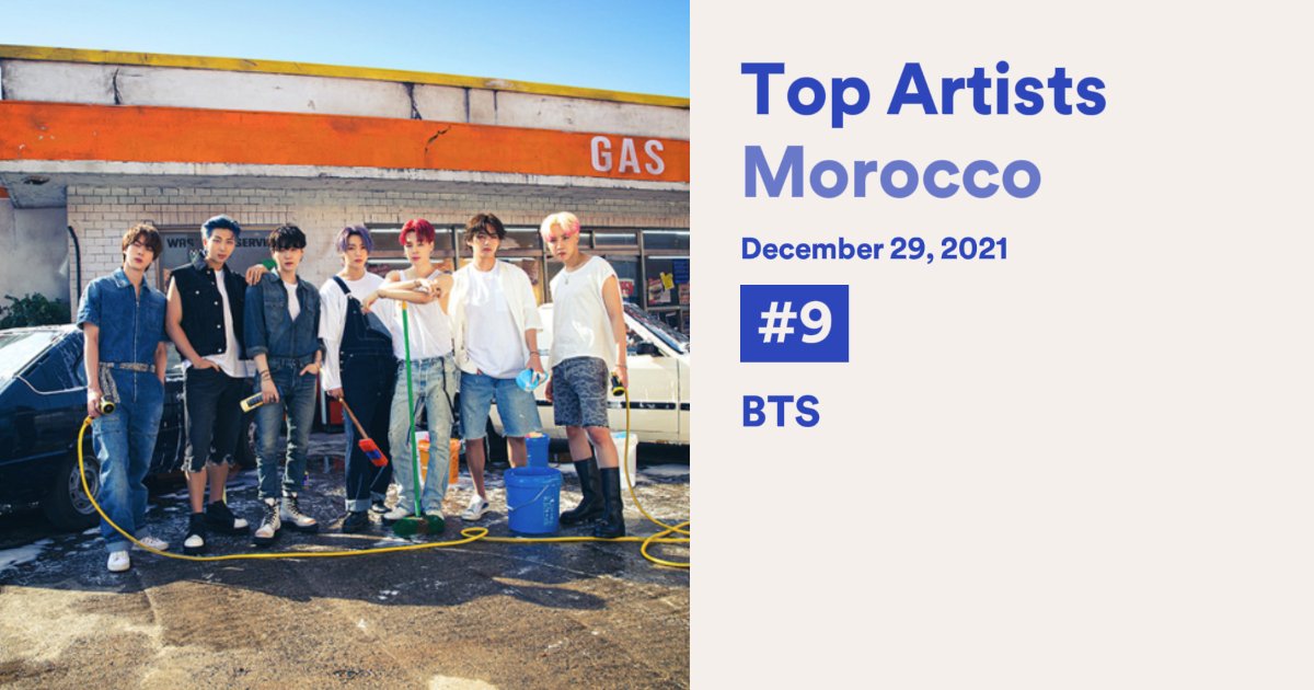 BTSChartsMA's tweet photo. Spotify Morocco daily top artists: 

#9. (=) #BTS (70 days peak #5)

#55. (+62) #V ( 6 days peak #51) https://t.co/fL8atPP1hh