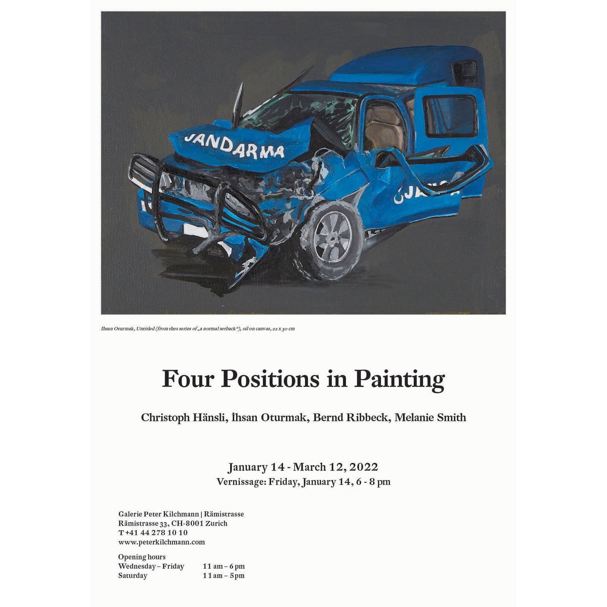 The group exhibition “Four Positions in Painting”featuring works by İhsan Oturmak, Christoph Hänsli, Bernd Ribbeck and Melanie Smith, will take place at Galerie Peter Kilchmann from January 14th to March 12th, 2022.