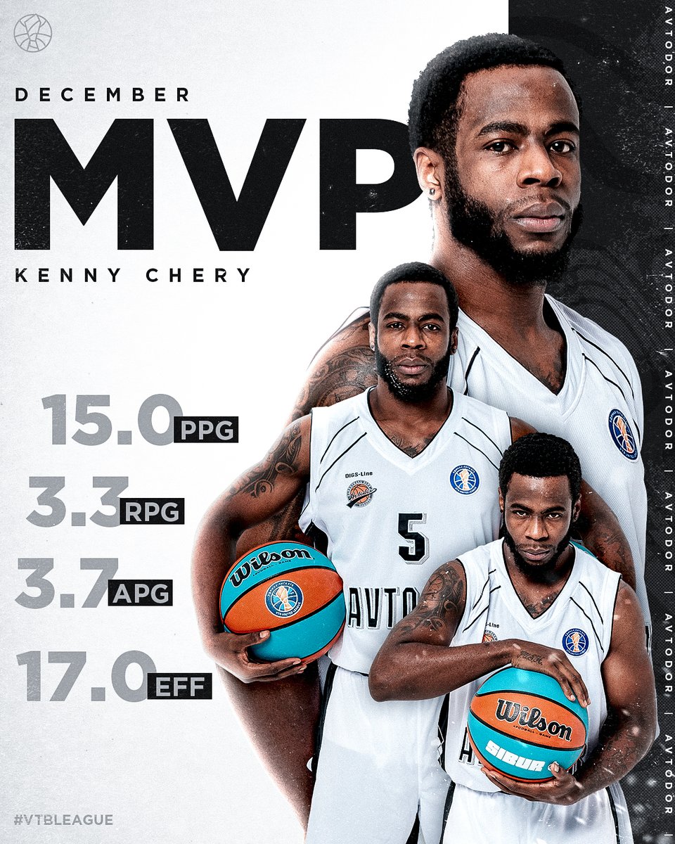 VTBUL's tweet photo. 🤴 Kenny Chery is our December MVP!
📊 @KChery1 averaged 15.0 PPG, 3.3 RPG, 3.7 APG & 3.0 SPG with 17.0 EFF!
Avtodor won all 3 games this month - against Nizhny Novgorod (100:94), Zielona Gora (81:74) and Zenit (83:74) - and topped the standings with a 8-1 record! https://t.co/TdIoD5Lj1E