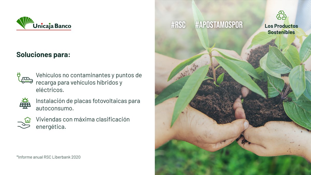 UnicajaBanco's tweet photo. #InformeRSC 🏡🚗 Los productos #sostenibles brindan a la sociedad las alternativas que demanda y forman parte de nuestra actividad socialmente responsable. Más información en el Informe RSC de #Liberbank 👉 https://t.co/WGShLbFPyn
#InformeAnual #RSC #FinanzasResponsables https://t.co/1fXT8MvGgU