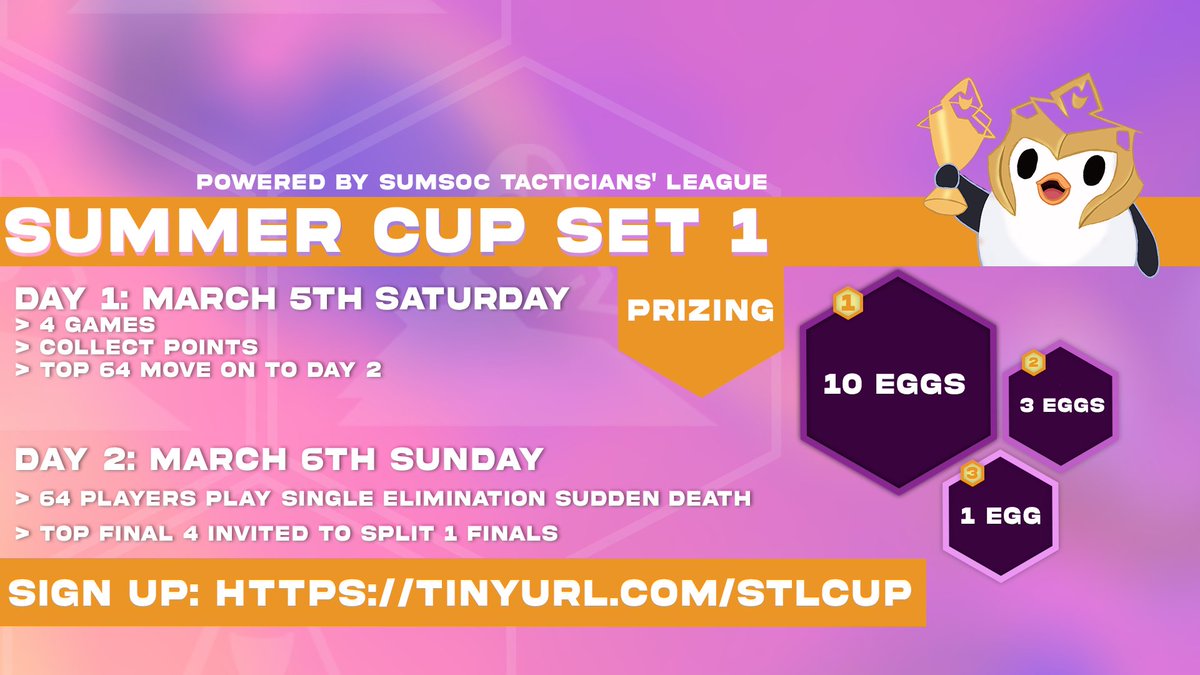 We are super excited to announce Summoners' Society Tacticians' League (STL) Set 1 for 2022!!

🎉12 massive events this year for #TFT 🎉

👉  Google slide with all the information tinyurl.com/STLinfo22

Prizing for Set 1 Finals: 1st $70 | 2nd $50 | 3rd $20 

#STL