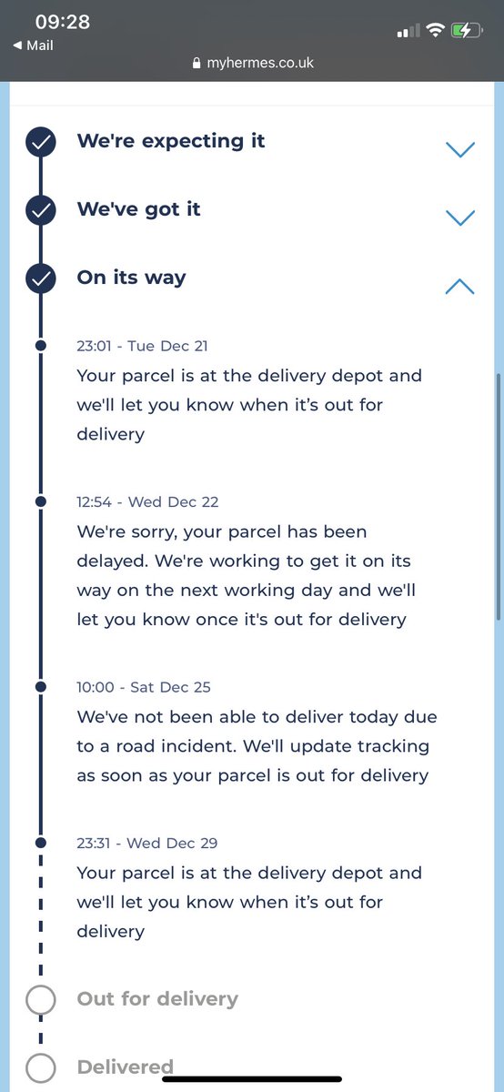 cosmochlo's tweet photo. @Hermesparcels I am still waiting for my delivery. This is from last Tuesday now. Please advise T00KMA0152272545 https://t.co/TUndGPkWno