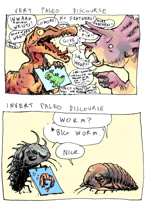 vertebrate vs invertebrate paleo art (please don't @ me I made this with love in my heart) 