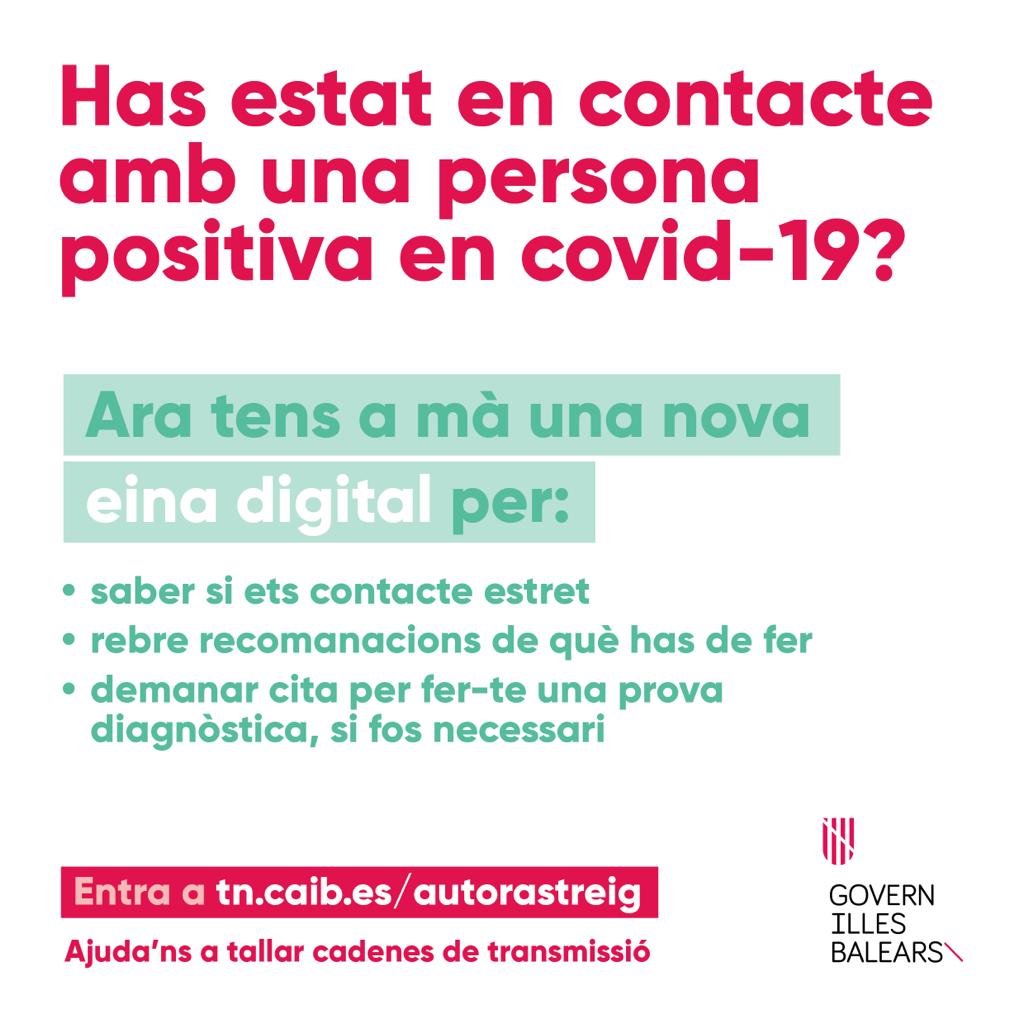 ✂️ Ajuda'ns a tallar cadenes de transmissió

📝 Si has estat en contacte amb una persona positiva en covid-19, entra a ibsalut.es/autorastreigco… i emplena el test