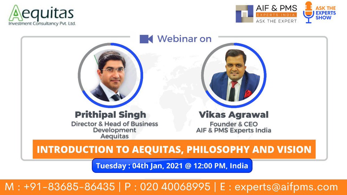 Prithipal1934's tweet photo. A few posts on Aequitas Investments led to a lot of questions on how we are able to generate 11X returns in 9 years.

To know more about our investment philosophy tune in to a zoom session with PMS AIF Experts on 4th Jan 2022 at 12.00 PM India.
Zoom link:
https://t.co/0R2yClIlIV https://t.co/maNMgO4u9l