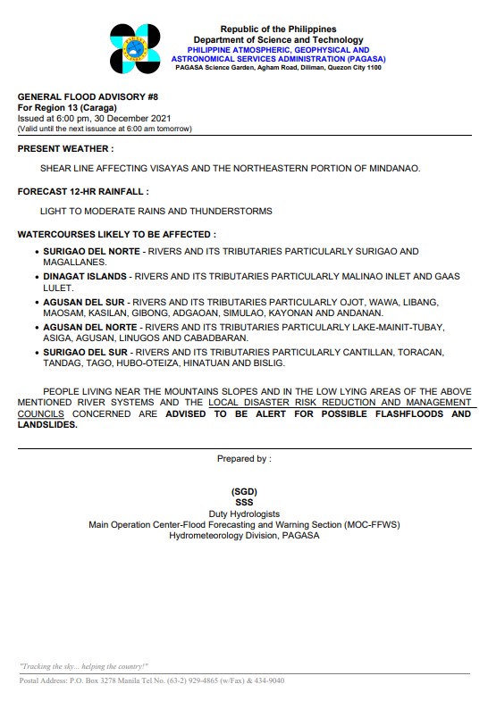PAGASAFFWS's tweet photo. General Flood Advisories (GFAs)
Issued @ 6:00 PM, 30 December 2021
Region 8 (Eastern Visayas) #GFA8
Region 13 (CARAGA) #GFA8 https://t.co/EQ3WZzshp3
