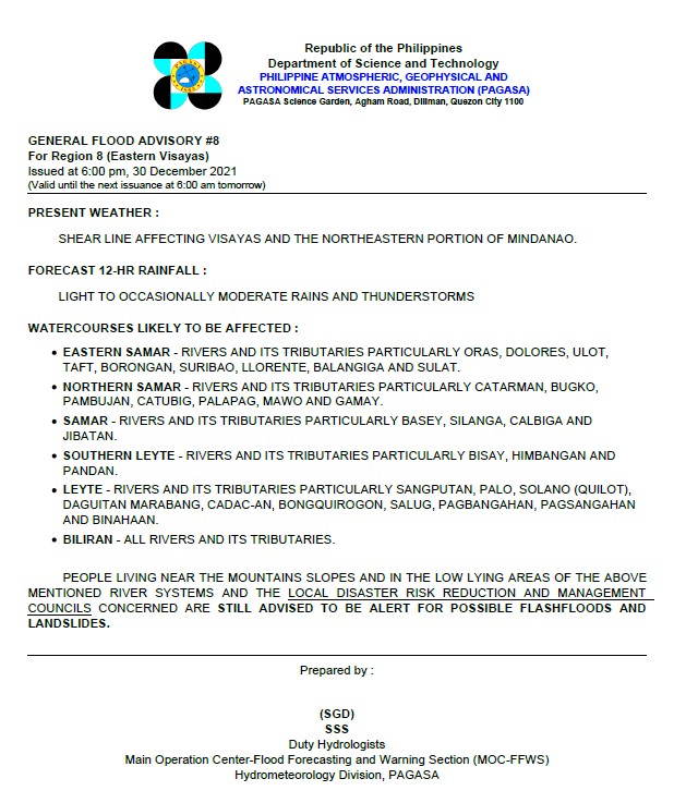 PAGASAFFWS's tweet photo. General Flood Advisories (GFAs)
Issued @ 6:00 PM, 30 December 2021
Region 8 (Eastern Visayas) #GFA8
Region 13 (CARAGA) #GFA8 https://t.co/EQ3WZzshp3