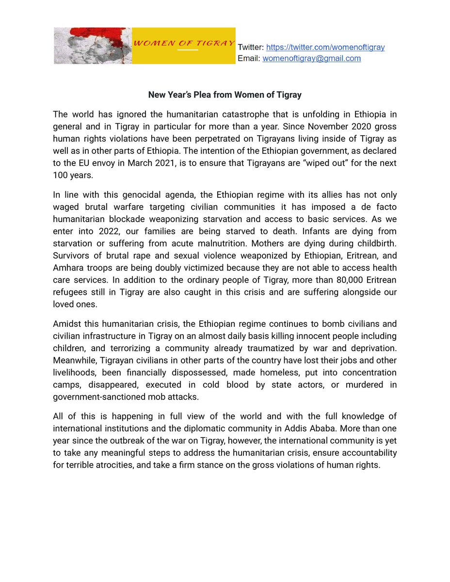womenoftigray's tweet photo. As the world prepares to welcome a New Year,
@womenoftigray would like to put out this plea to all members of the International Community - please end #TigrayGenocide in 2022. https://t.co/CSiwFq7g2u