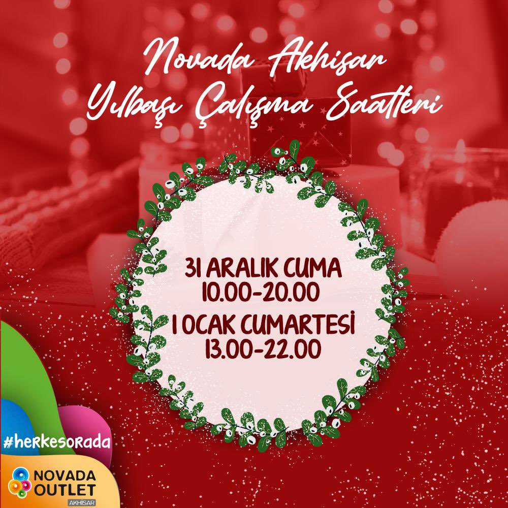 OutletNovada's tweet photo. Novada Outlet Akhisar 🎄Yılbaşı Çalışma Saatlerimiz; 
⭐️31 Aralık Cuma Günü 10:00 ile 20:00 saatleri arasında 
🌟1 Ocak Cumartesi Günü ise 13:00 ile 22:00 saatleri arasında sizlerleyiz🙏
#novadaoutletakhisar #akhisar #akhisarhaber #manisahaberleri #manisa #alışveriş #yılbaşı https://t.co/GMYKOLGVFS