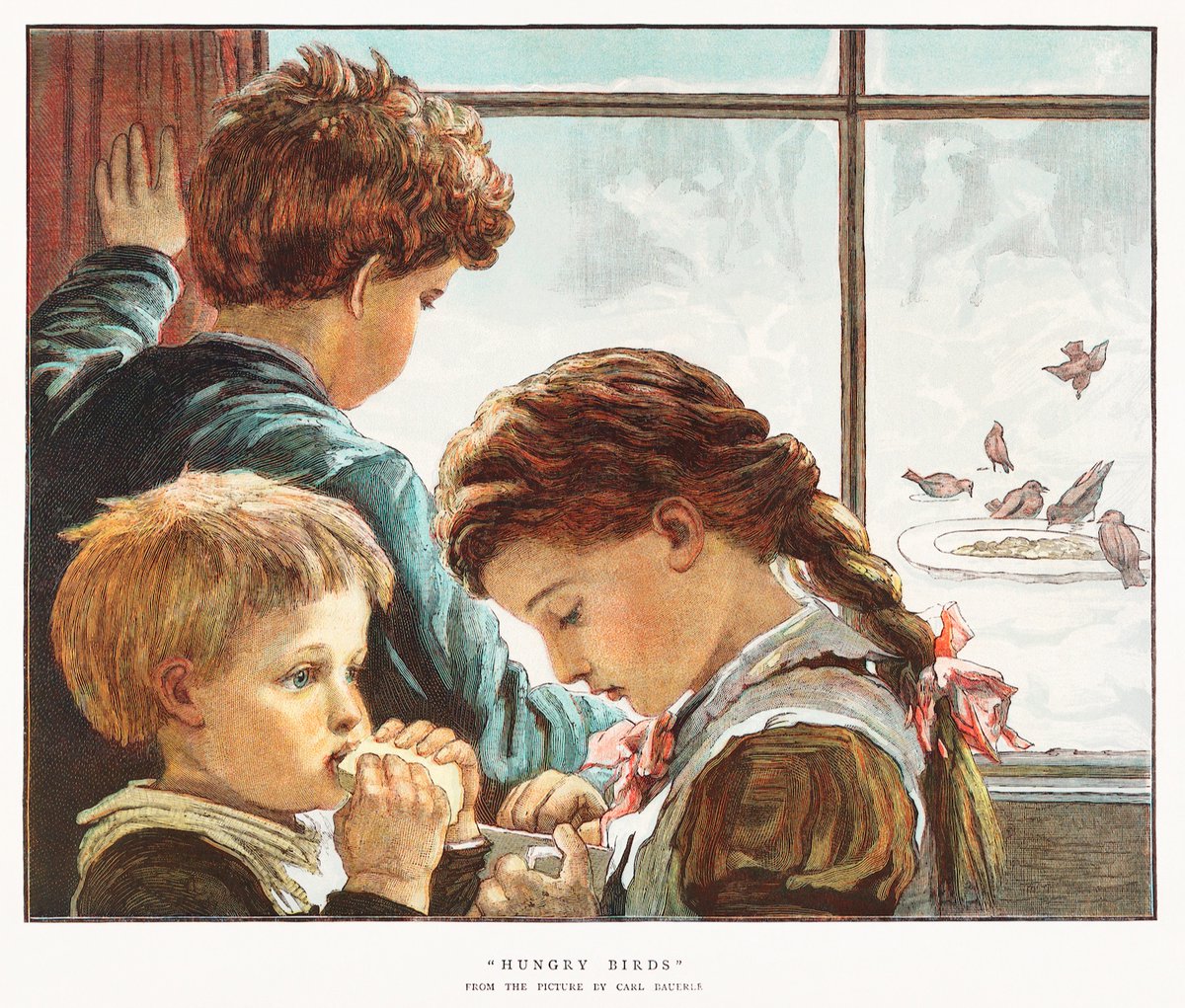 Hungry Birds (children eating bread inside while outside, hungry birds eat), illustration by Carl Bauerle, The Graphic Christmas Number 1882. Image and copyright: Public Domain, via @byrawpixel #Christmas #Illustration