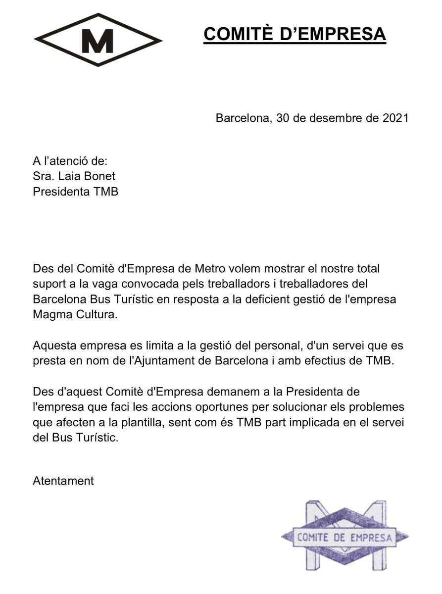 CGTmetroBCN's tweet photo. Escrit del Comitè d'empresa 
de #MetroBcn en suport a la Plantilla del Bus Turístic i instant
 a @laiabonetrull a que prengui partit per les treballadores en el conflicte que també afecta a @TMB_Barcelona https://t.co/hJWeEk3Sbf