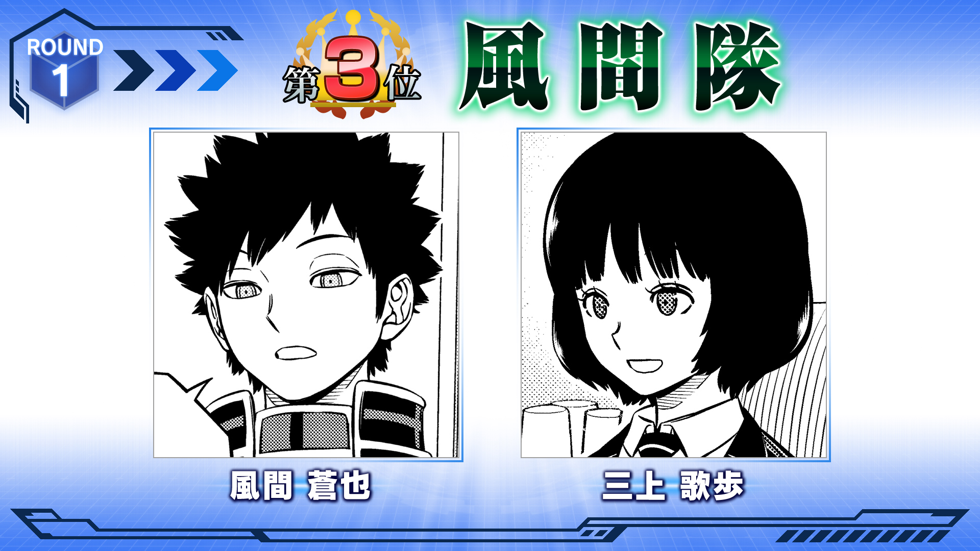 ワールドトリガー公式 Round1 第3位は 風間隊 の風間 三上隊員です 歌川 菊地原両隊員がシャッフル部隊参加のため 小型かつ高性能 な2名による変則編成となりました 頼れる隊長と愛されオペレーターのそれぞれに 多くの祝福が寄せられまし
