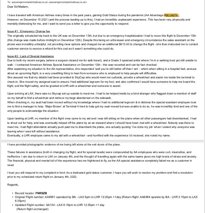 lizzywoz's tweet photo. @AmericanAir After being completely failed by your Special Assistance program, I'm still waiting for a response to the complaint I sent (attached). Please don't leave me waiting any longer than your staff left me waiting alone with no wheelchair assistance... https://t.co/Bi6cTM5b2k