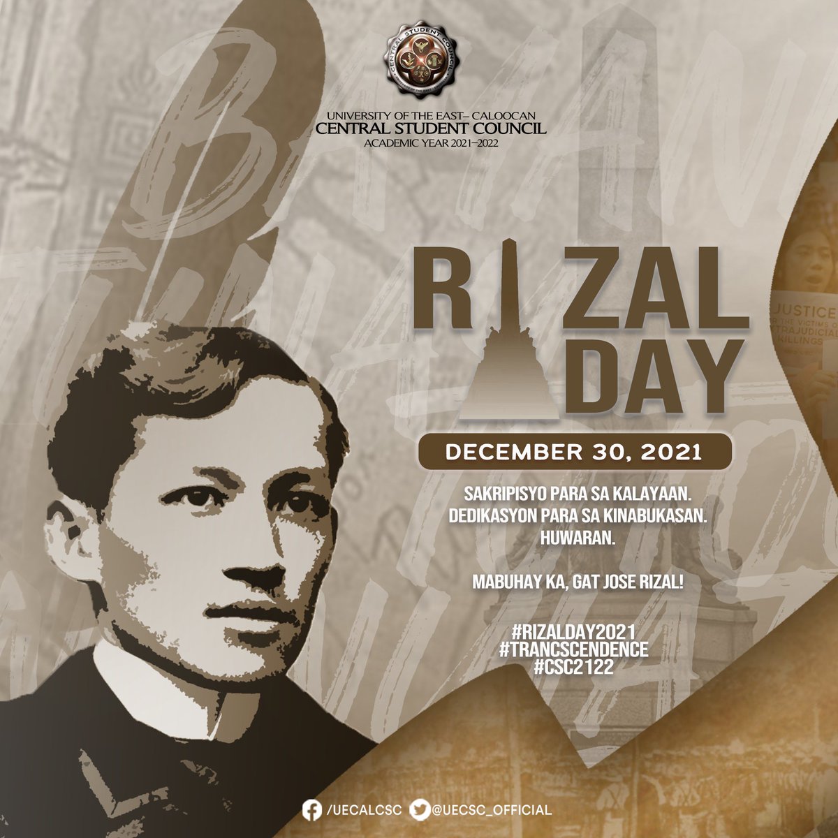 UECSC_Official's tweet photo. 𝐑𝐈𝐙𝐀𝐋 𝐃𝐀𝐘 𝟐𝟎𝟐𝟏
Ngayon ay araw ng pag-alala sa pagkamartir ni Jose Rizal isang daan at dalawampu't limang taon na ang nakararaan.
Sakripisyo para sa kalayaan.
Dedikasyon para sa kinabukasan.
Huwaran.
Mabuhay ka, Gat Jose Rizal!
#RizalDay2021
#CSC2122 https://t.co/b5V8BpbENL