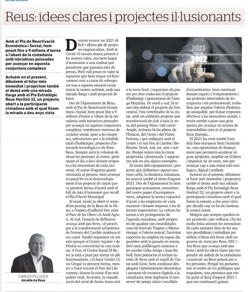 PD_Reus's tweet photo. Bon dia, us animem a llegir l'article de l'alcalde de #Reus, Carles Pellicer, publicat avui al @diaridtarragona on fa balanç d'aquest any que finalitza. https://t.co/biwvcAFBmg