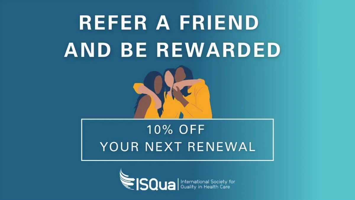 ISQua's tweet photo. Let's work together to raise awareness of #patientsafety with the #ISQuaCommunity in 2022! 🖐🏽 👫
We will give you 10% off your next renewal when you refer a friend to the ISQua Community.
The discount is automatically applied when your friend joins!
https://t.co/xCa0WDiJOJ https://t.co/dWQOaFe1zY