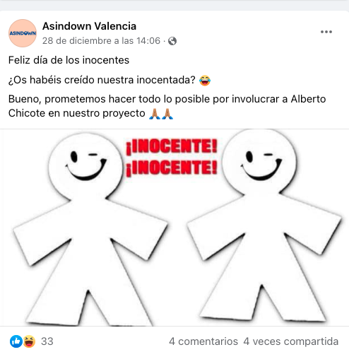 ShaolinSolis's tweet photo. @Fundacion_ONCE @albertochicote @ASINDOWN @lamarinadevlc Hola @Fundacion_ONCE, ojalá sea verdad pero @ASINDOWN en su facebook dijeron que se trataba de una INOCENTADA... :( ¿en que quedamos? @levante_emv @europapress https://t.co/4tS4GKk6sZ