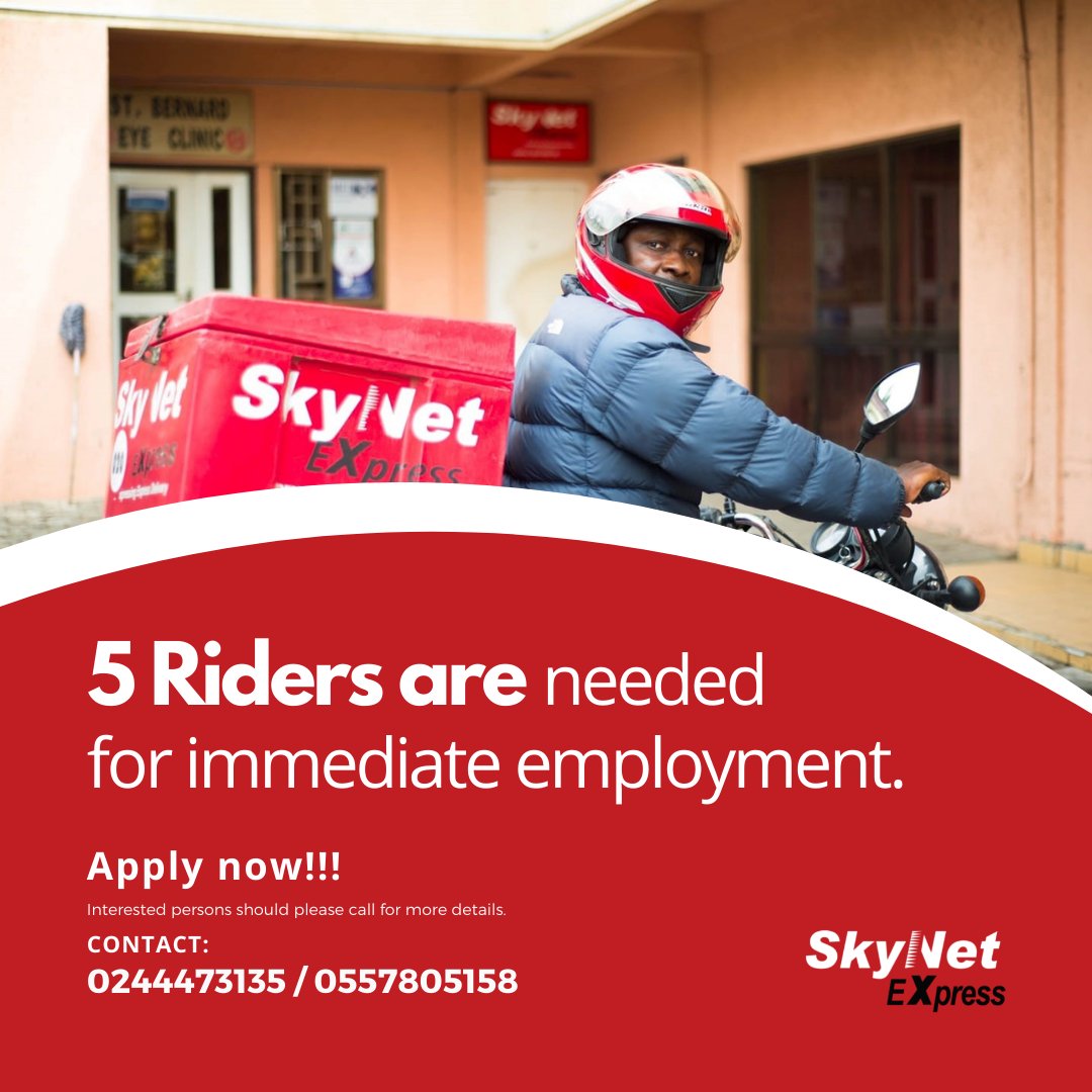 skynetexpressgh's tweet photo. 5 riders are needed for immediate employment. Apply Now! Call 0244473135 or 0557805158 now. #SkynetExpress #Ghana #Delivery #Recruiment #JobOpening https://t.co/E8WCQWNeYA