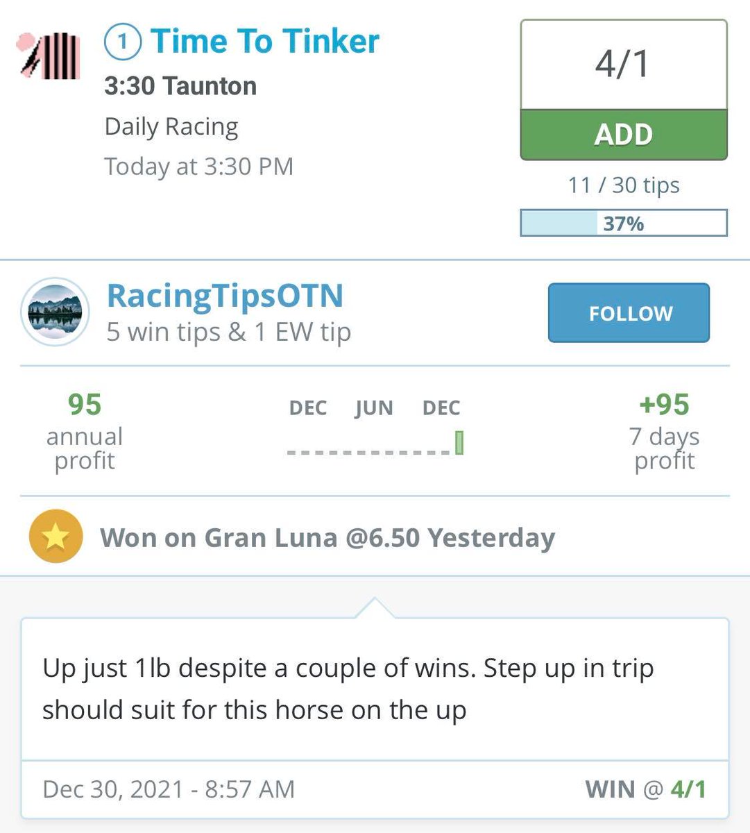 OLBG's tweet photo. Time To Tinker a Hot Tip in the 3:30 at Taunton next up and one that’s been picked by newer tipster ‘RacingTipsOTN’ on OLBG.

Read their reasoning below 📲👉 https://t.co/p4JW5WzViW

18+ https://t.co/L3JVVbTbK8 https://t.co/SGmq8jyLOf