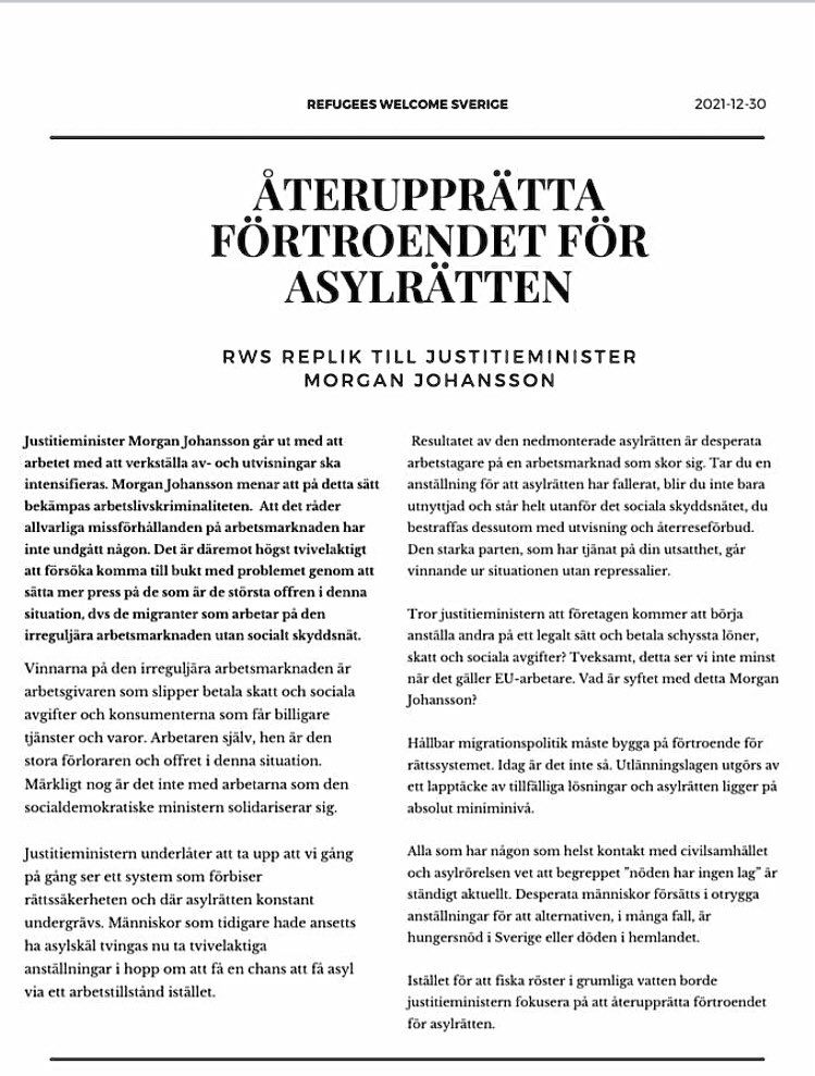 RWS replik till justitieminister Morgan Johansson. 
Återupprätta förtroendet för asylrätten. 
#asylrätt #RefugeesWelcome