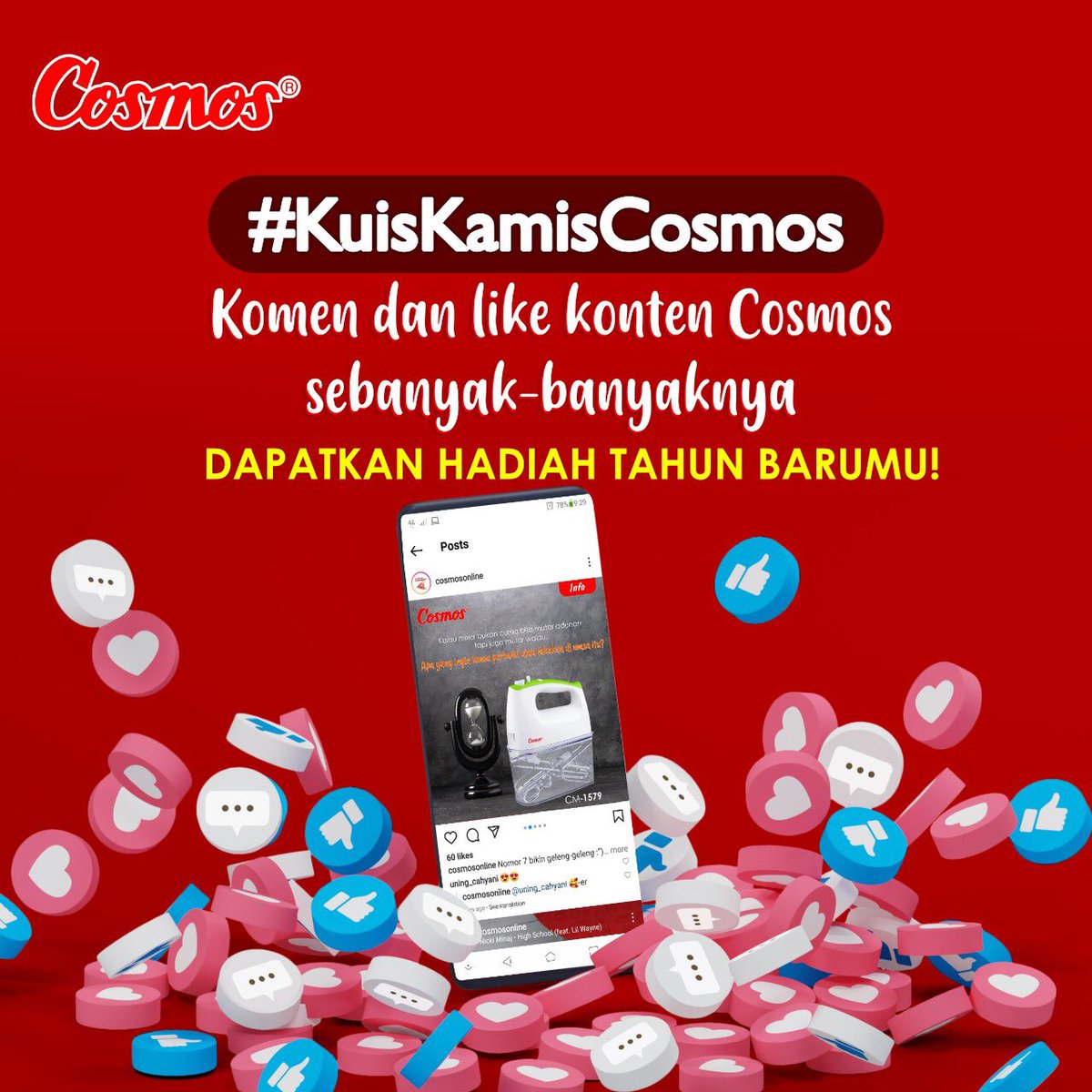 cosmosonline's tweet photo. Ayo like dan komen lalu raih hadiah produk baru untuk tahun barumu!
 
Caranya :
●Pastikan kamu sudah follow all sosmed Cosmos (Instagram, Twitter, Tiktok @CosmosOnline. Facebook @mycosmos. Youtube: BelanjaCosmos) dan like postingan ini https://t.co/HJMN5TYUjA