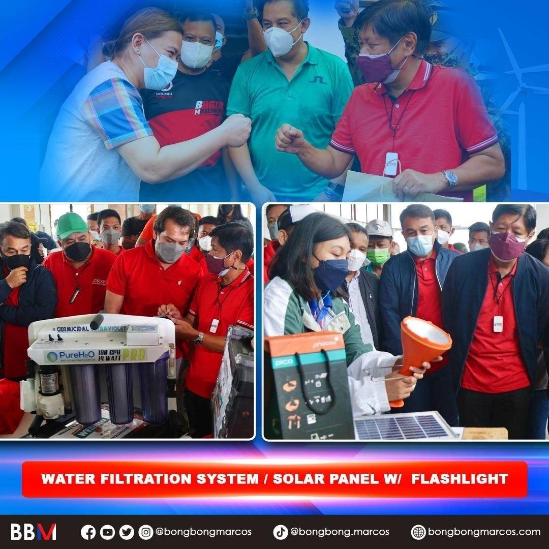 bongbongmarcos's tweet photo. WATER FILTRATION SYSTEM  &amp;  FLASHLIGHT w/ SOLAR PANEL 

Malinis na tubig at pa-ilaw sa gabi - ito ang mga dala ng Uniteam kahapon sa Siargao, Dumaguete, at Maasin, Southern Leyte. https://t.co/Uh2SvPsOyP