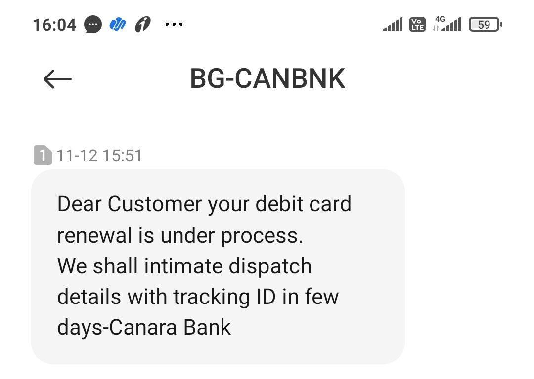 pragnyajit's tweet photo. @canarabank I got message on 11Dec regarding debit card dispatch, but still not received. This month existing oldcard going to expiry in one day. One new card issued, but not dispatched. When will I receive my card. https://t.co/nIq9PB1pLm
