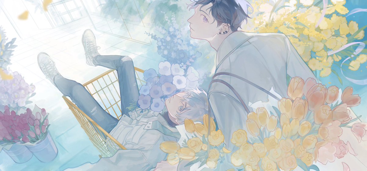 flower multiple boys 2boys male focus short hair looking at viewer yellow flower  illustration images