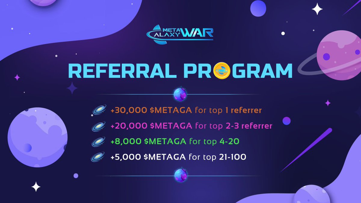 🏵 METAGALAXYWAR NEW YEAR AIRDROP – MORE REFERRER, MORE REWARD! ☄️

🤝 +30,000 $METAGA for top 1 referrer
🤝 +20,000 $METAGA for top 2-3 referrer
🤝 +8,000 $METAGA for top 4-20
🤝 +5,000 $METAGA for top 21-100 

👉 Join now: t.me/meta_galaxy_wa… 

#METAGALAXYWAR #METAGA