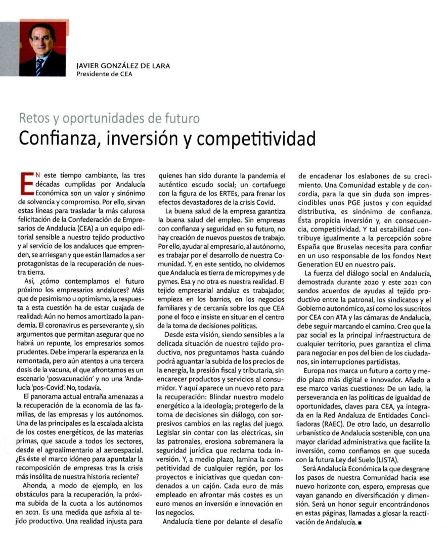 CEAes_'s tweet photo. 🎂 #AndalucíaEconómica cumple 30 años y es un honor ser parte de tan señalado aniversario. 👏🏻 Enhorabuena por estas tres décadas de rigor, junto al tejido empresarial. ✍🏻 Artículo de nuestro presidente, #GonzálezdeLara: "Confianza, inversión y competitividad". #AE #Comunicación https://t.co/Y5ZhDvUf6t