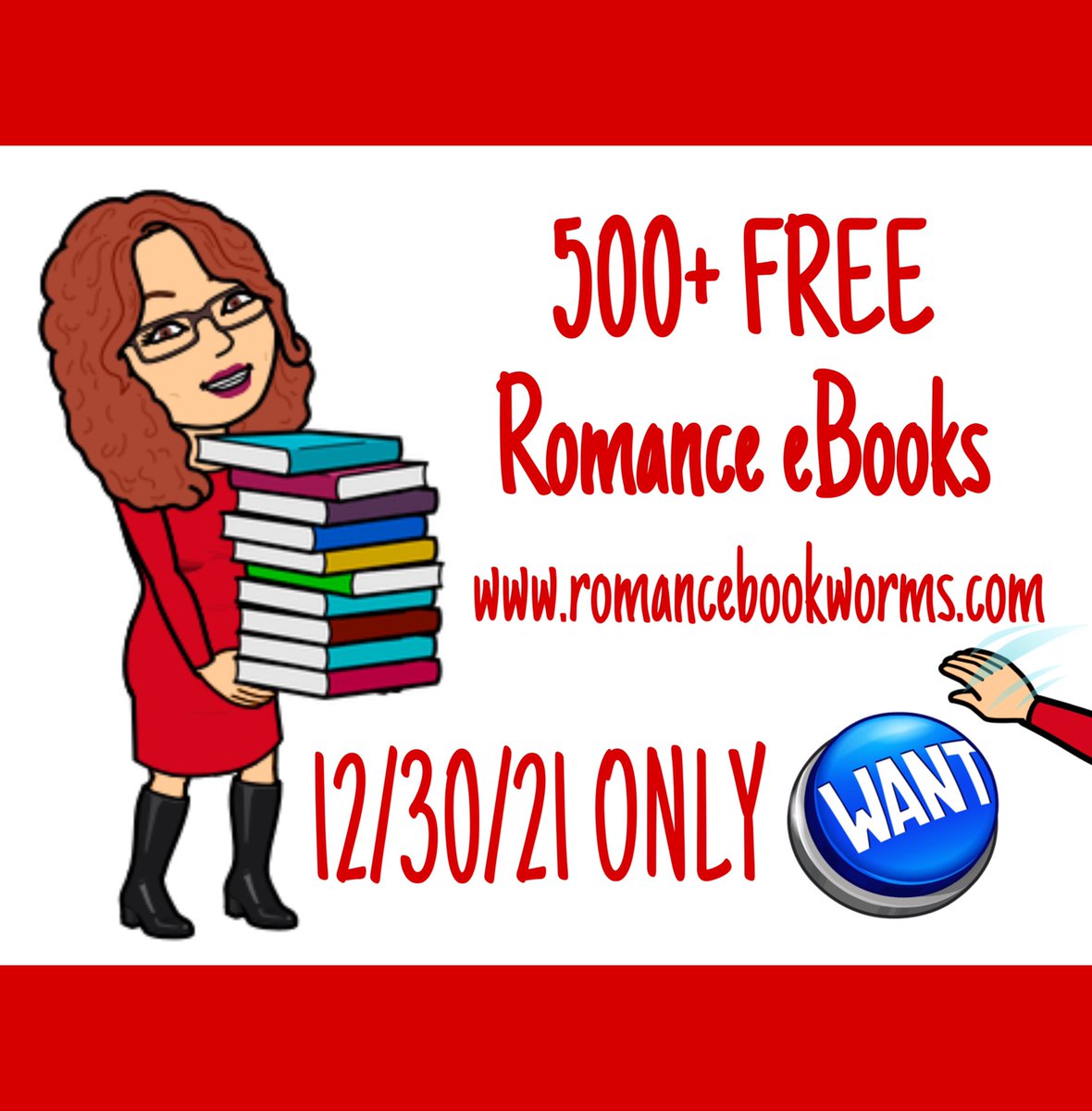 500+ FREE Romance eBooks 12/30/21 only…get your one-click on my reading peeps.
 
romancebookworms.com
 
#AllRomanceGenres #RomanceBookworms
