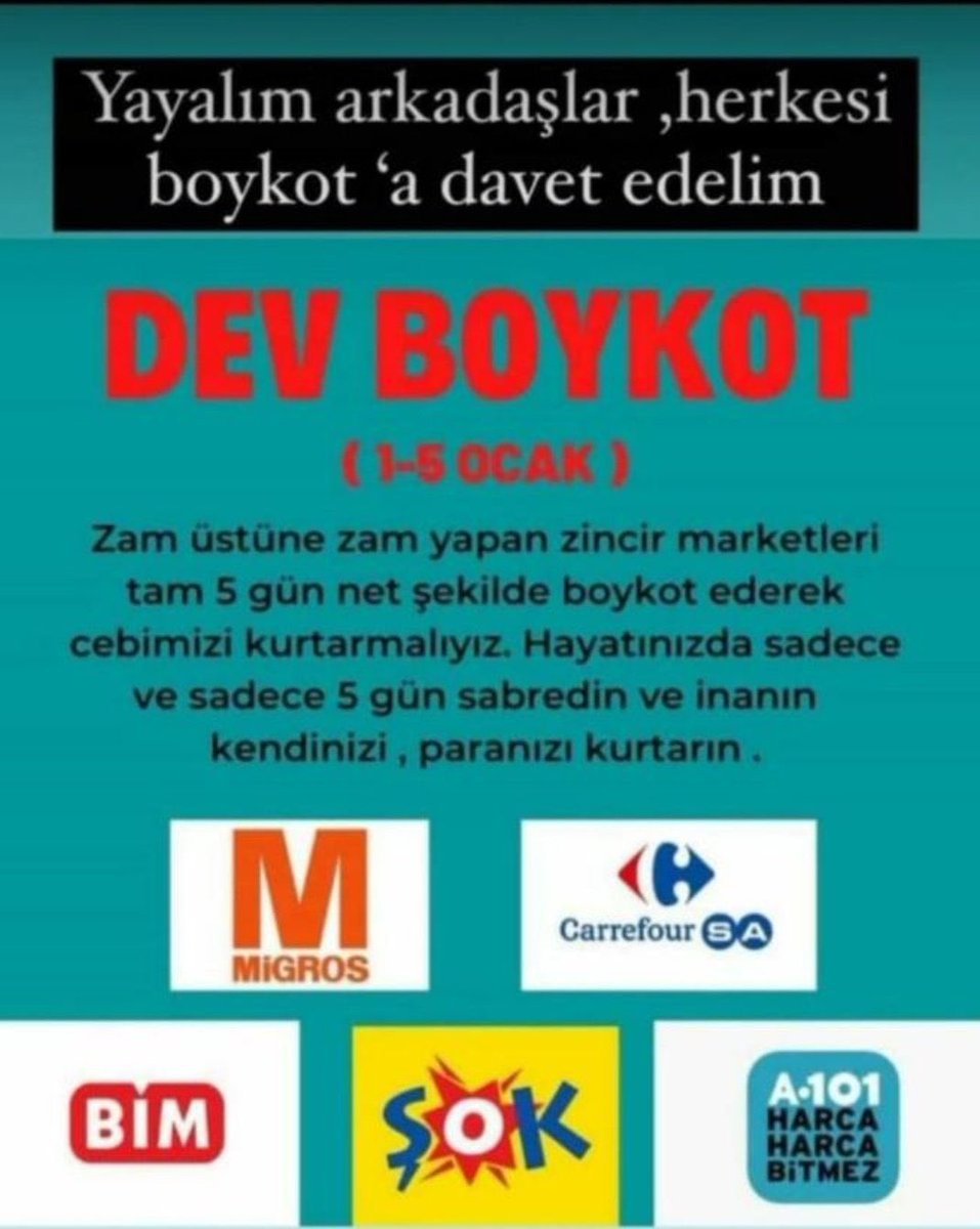 1/5 Ocak tarihleri arası bu anlaşmalı marketleri Dev Boykot,a
VARMISIN..