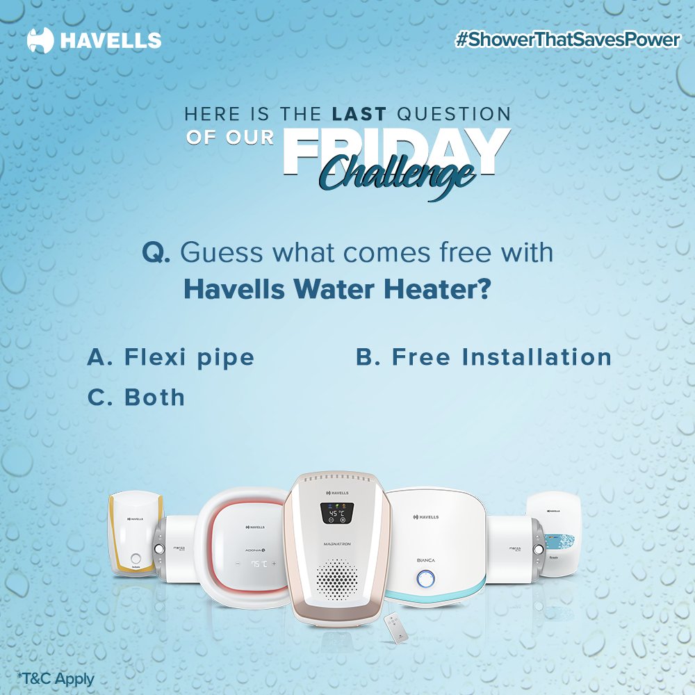 Can you guess what comes free with Havells Water Heater?
Tell us in the comments below and stand a chance to win an amazing voucher👇 

For terms and conditions, click here - bit.ly/FridayChalleng…
 
#ShowerThatSavesPower #FridayChallenge #ContestAlert