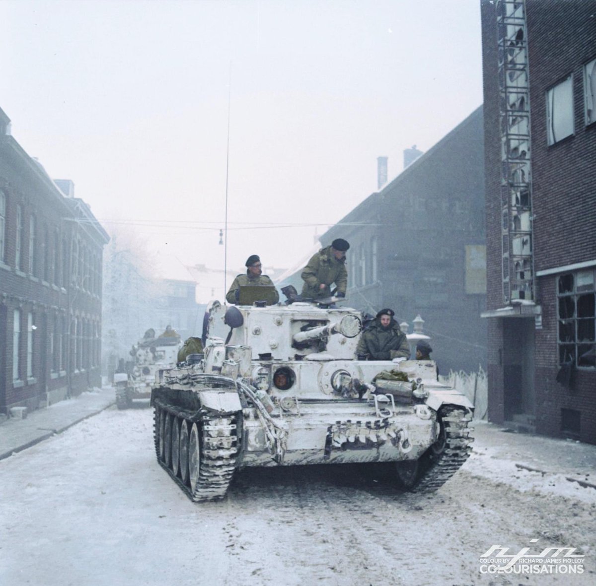 White-washed Cromwell tanks of 7th Armoured Division, 16 January 1945.
Colour by RJM