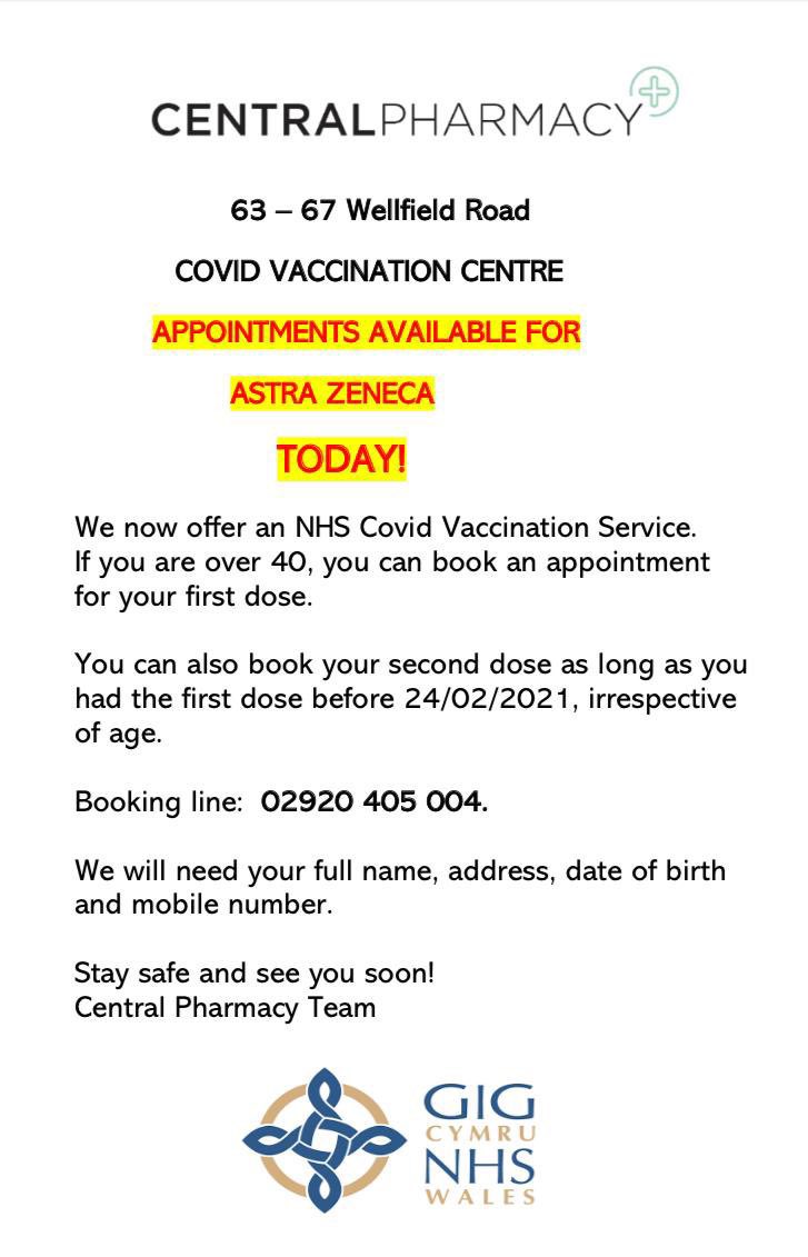 Wellfield Road’s Central Pharmacy has said they have booster appointments available today, tomorrow and next week. Get boosted.